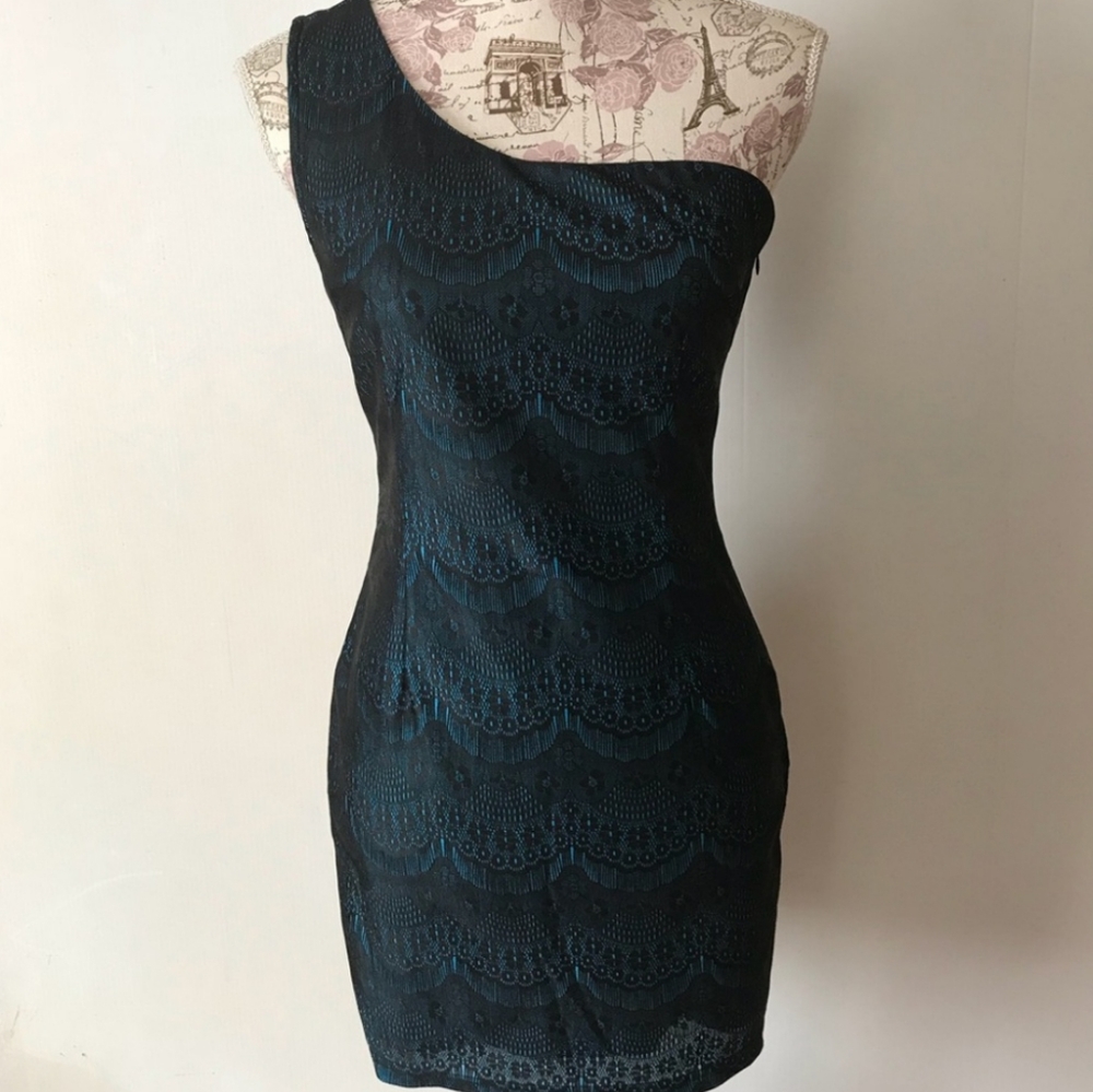 Teal One Shoulder Lace Dress